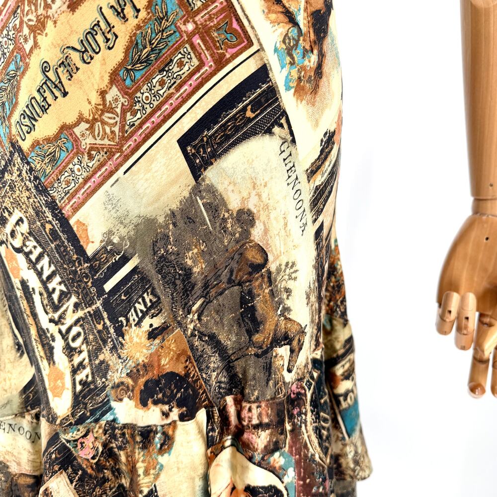 Vintage Y2K Double D Ranch Brown 100% Silk Ephemera Print Blouse Skirt Set - Picture 4 of 11